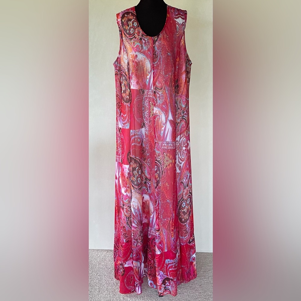 The Pyramid Collection Women's Red Paisley Abstract Maxi Dress 2X 56” Long Boho